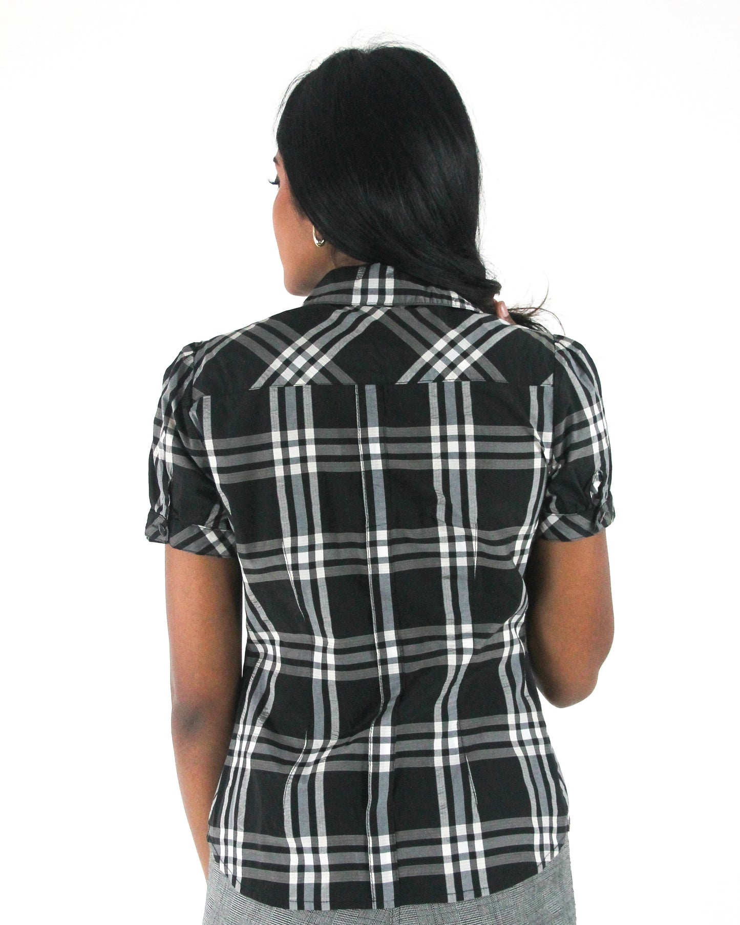office siren | small black and white plaid short-sleeve fitted blazer — final ecom crop