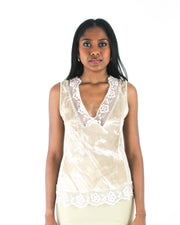 office siren | small cream satin-effect lace-trim sleeveless top — final ecom crop