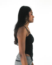 office siren | small black ruched-front spaghetti-strap top — final ecom crop