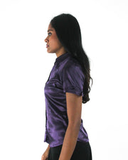 office siren | small purple satin-effect fitted short-sleeve shirt — final ecom crop