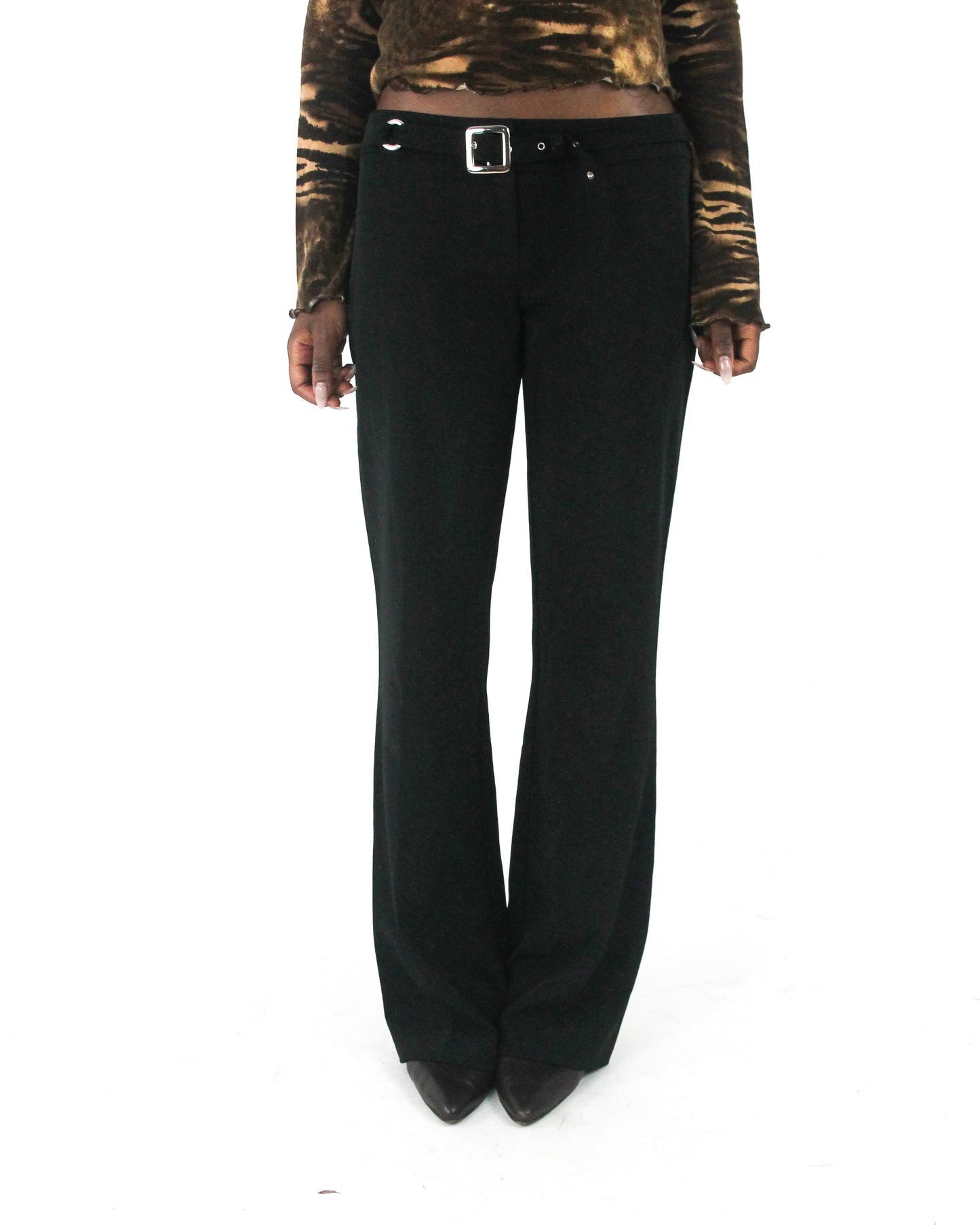 office siren | small black buckle-belt flared trousers — final ecom crop