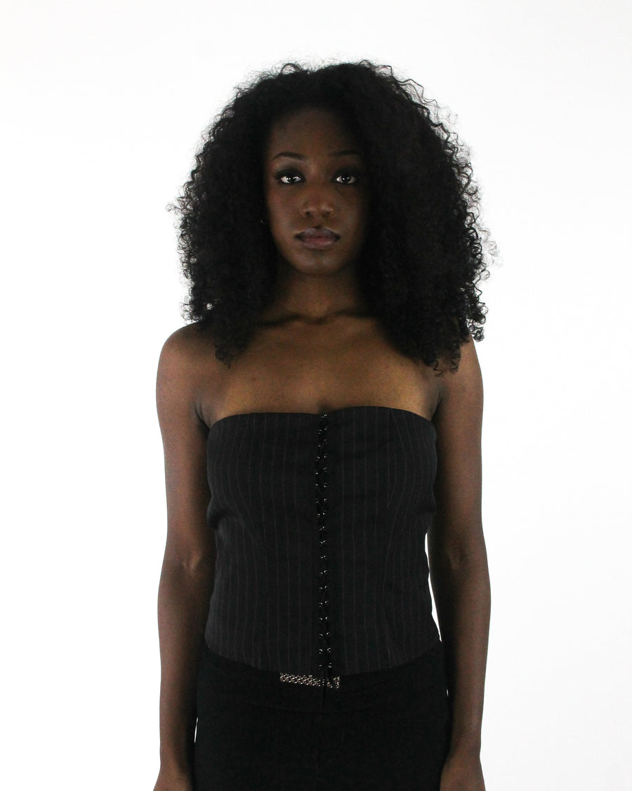 office siren | small black pinstripe lace-up corset top — final ecom crop