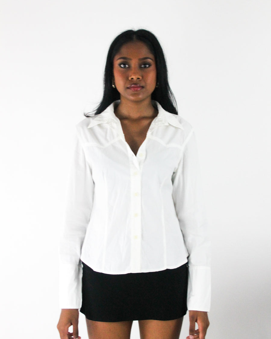 office siren | small white fitted long-sleeve button-up shirt — final ecom crop