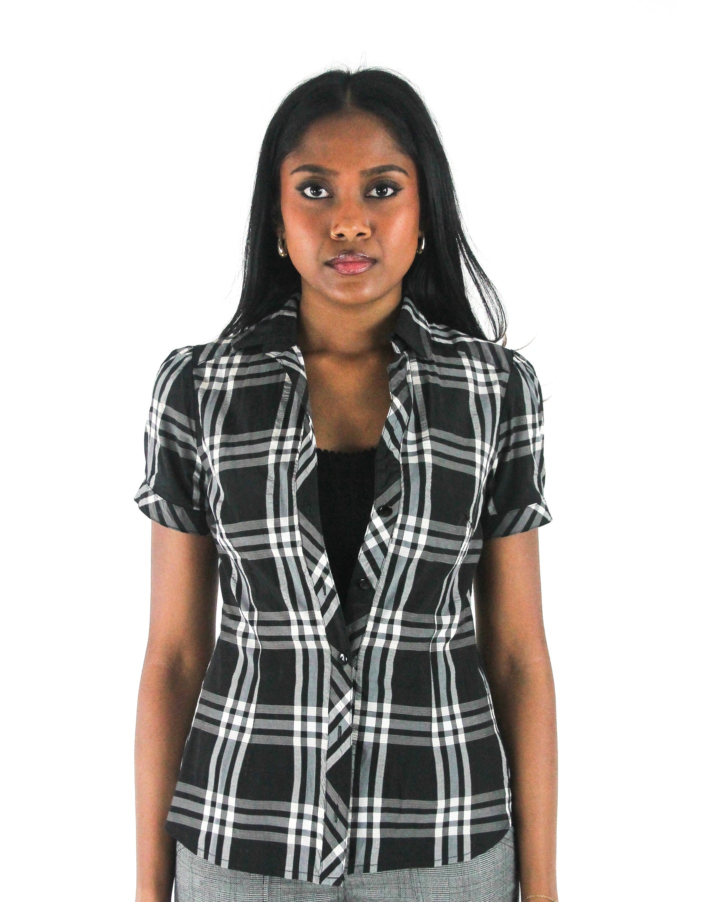 office siren | small black and white plaid short-sleeve fitted blazer — final ecom crop