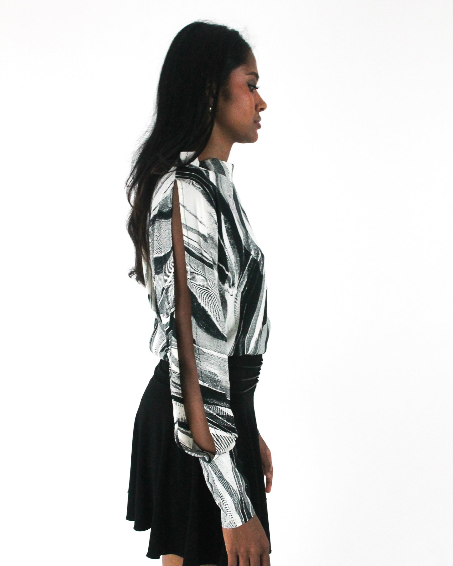 office siren | small black and grey abstract-striped asymmetric blouse — final ecom crop