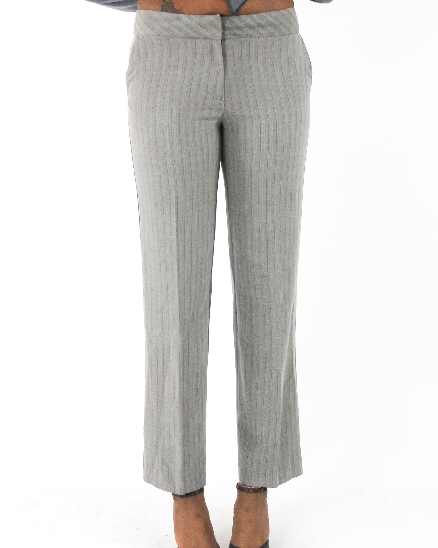 office siren | small grey pinstripe straight-leg trousers — final ecom crop
