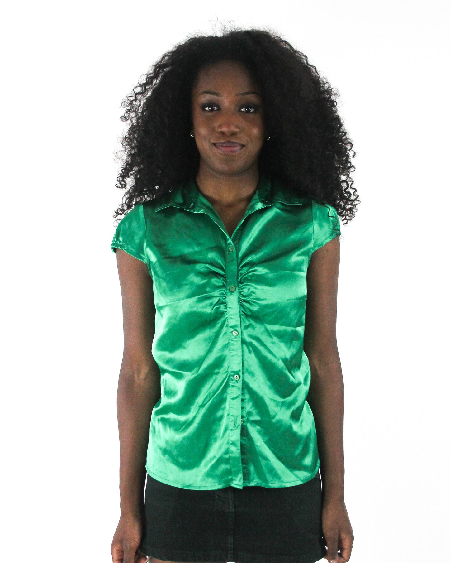 office siren | small emerald green satin-effect fitted short-sleeve shirt — final ecom crop