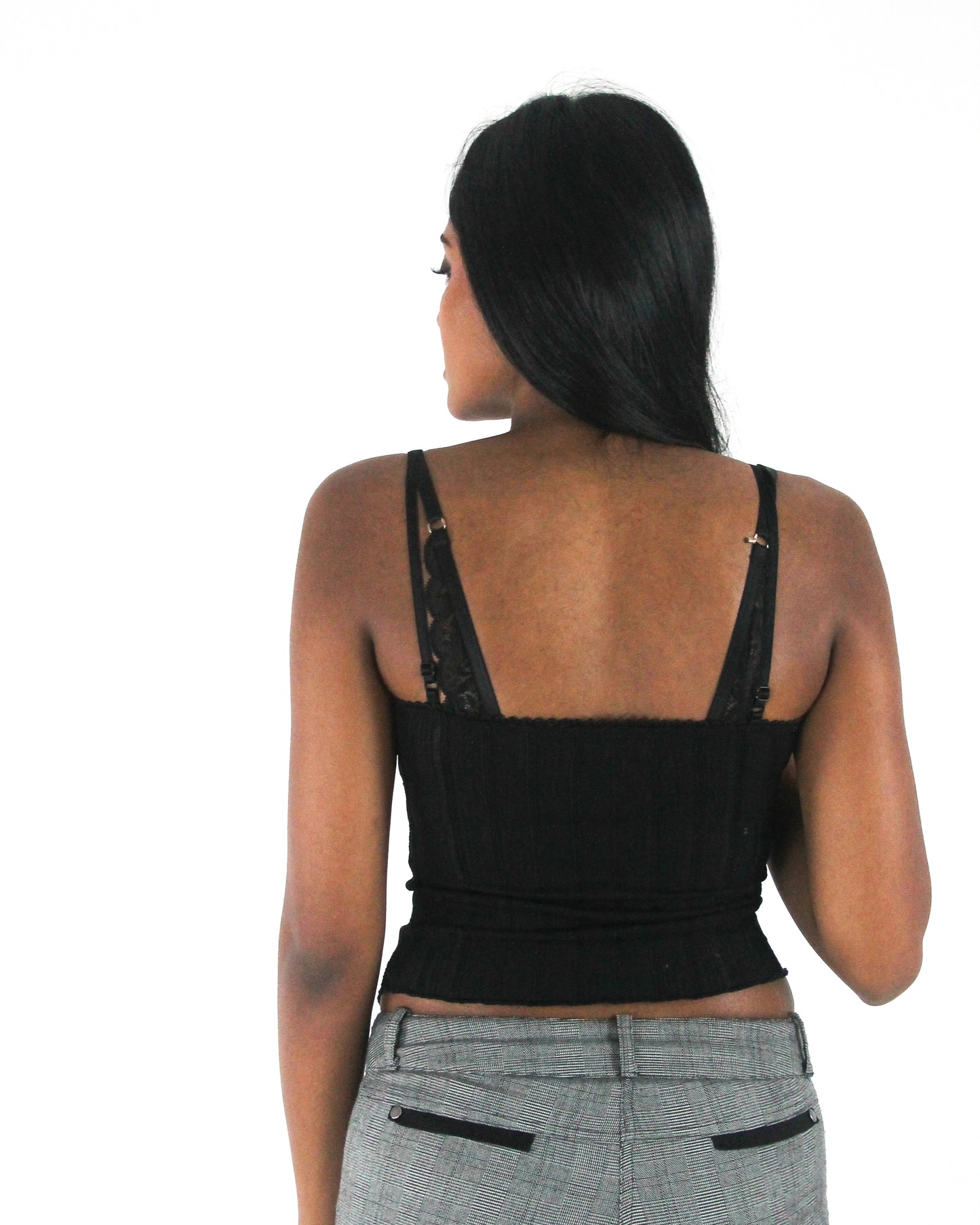 office siren | small black ruched-front spaghetti-strap top — final ecom crop