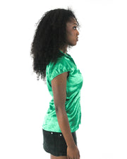 office siren | small emerald green satin-effect fitted short-sleeve shirt — final ecom crop
