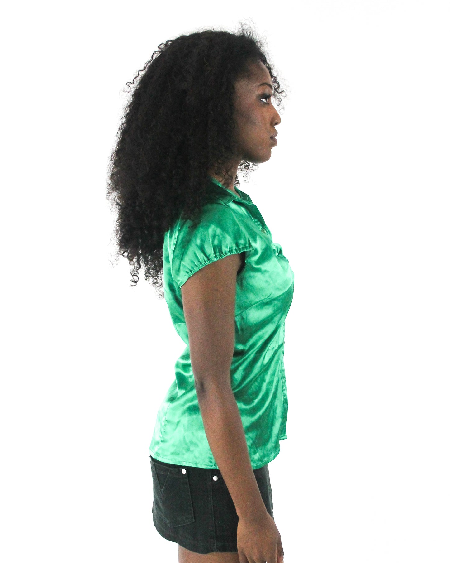 office siren | small emerald green satin-effect fitted short-sleeve shirt — final ecom crop