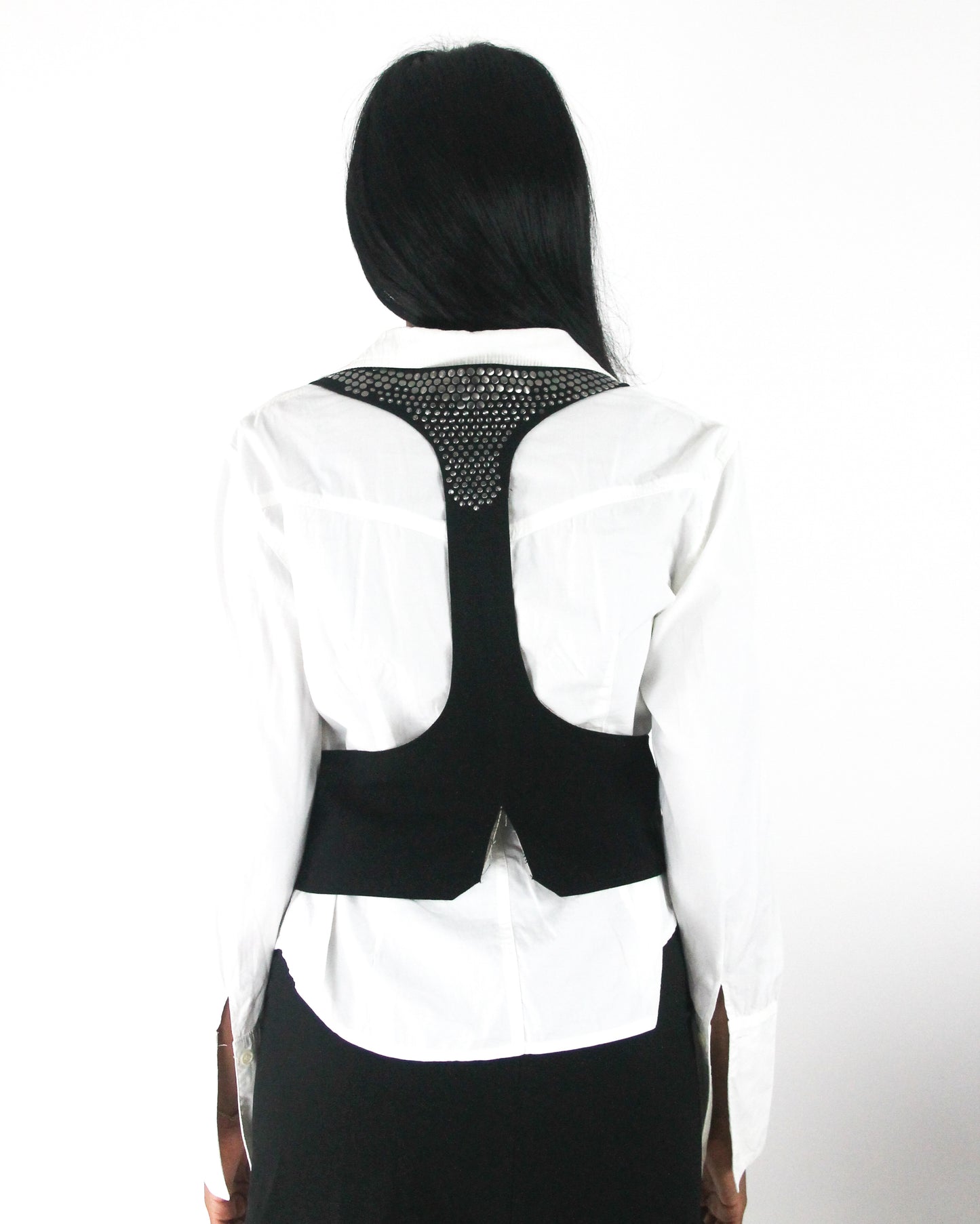 office siren | small black studded racerback cropped waistcoat — final ecom crop