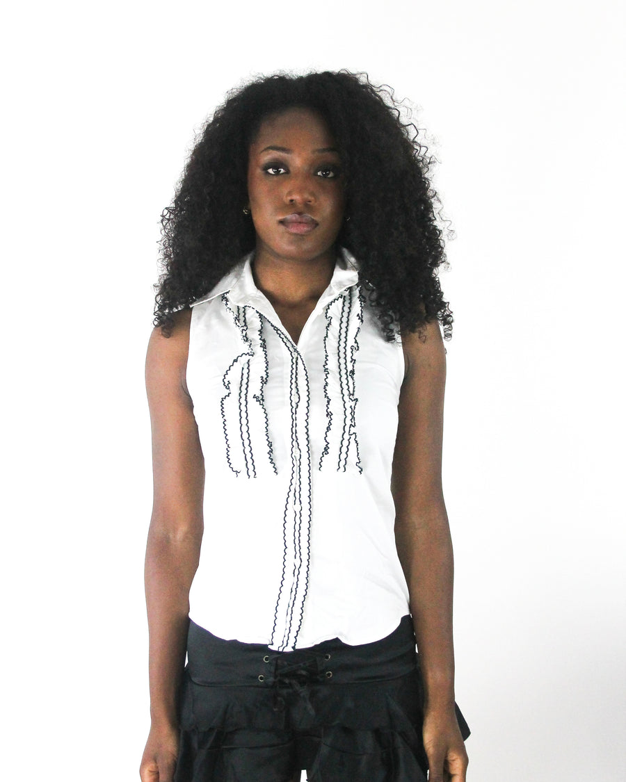 office siren | small white sleeveless collared shirt with black piping — final ecom crop