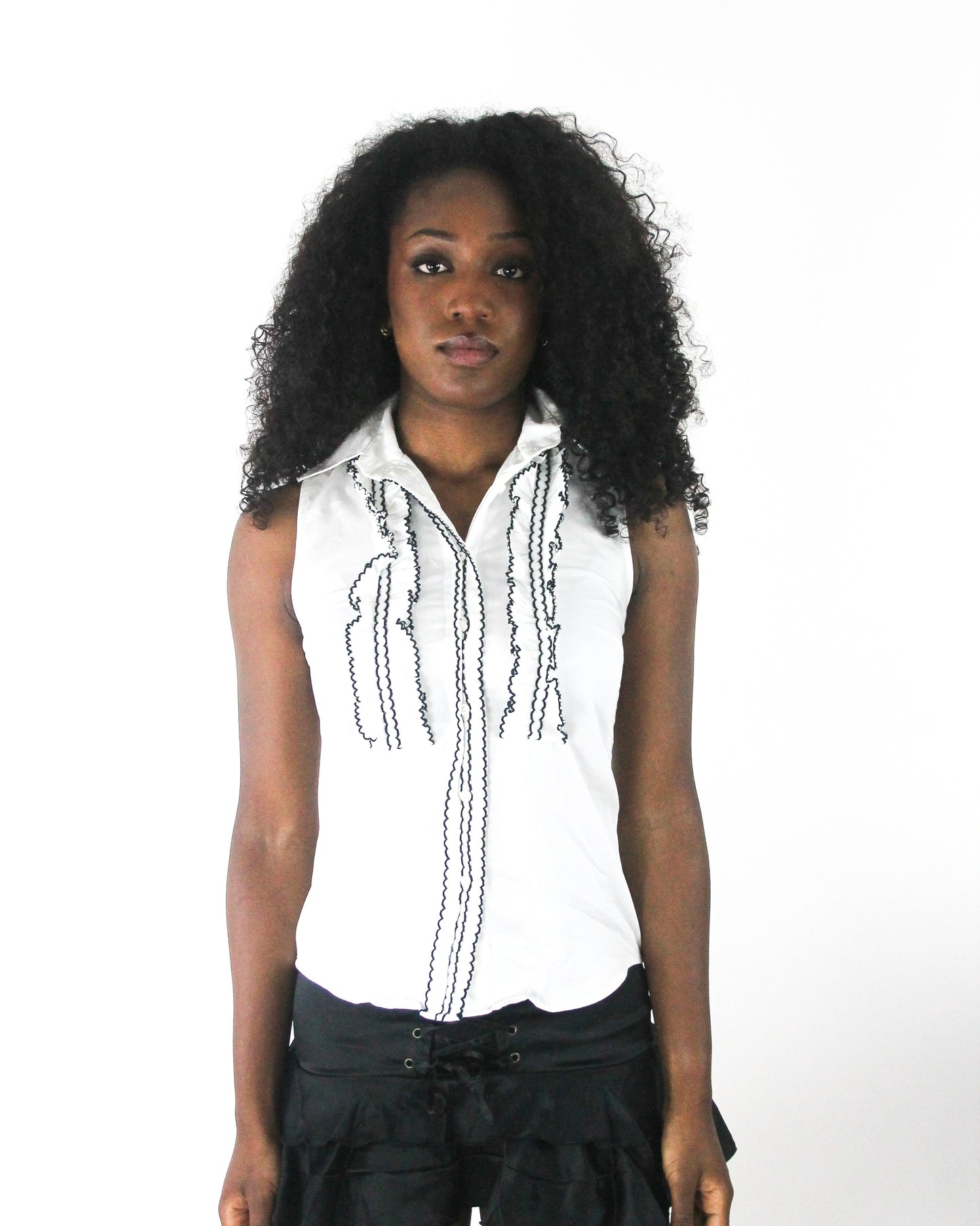 office siren | small white sleeveless collared shirt with black piping — final ecom crop