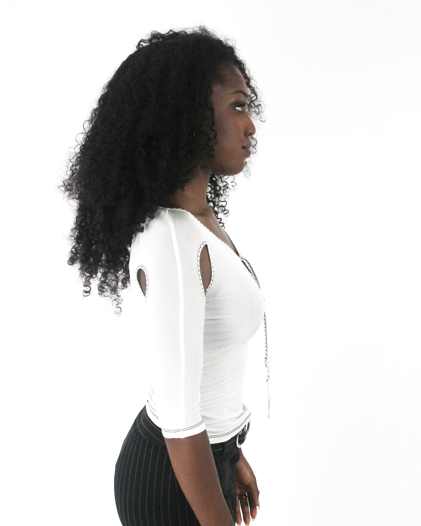 office siren | small white cold-shoulder tie-front top — final ecom crop