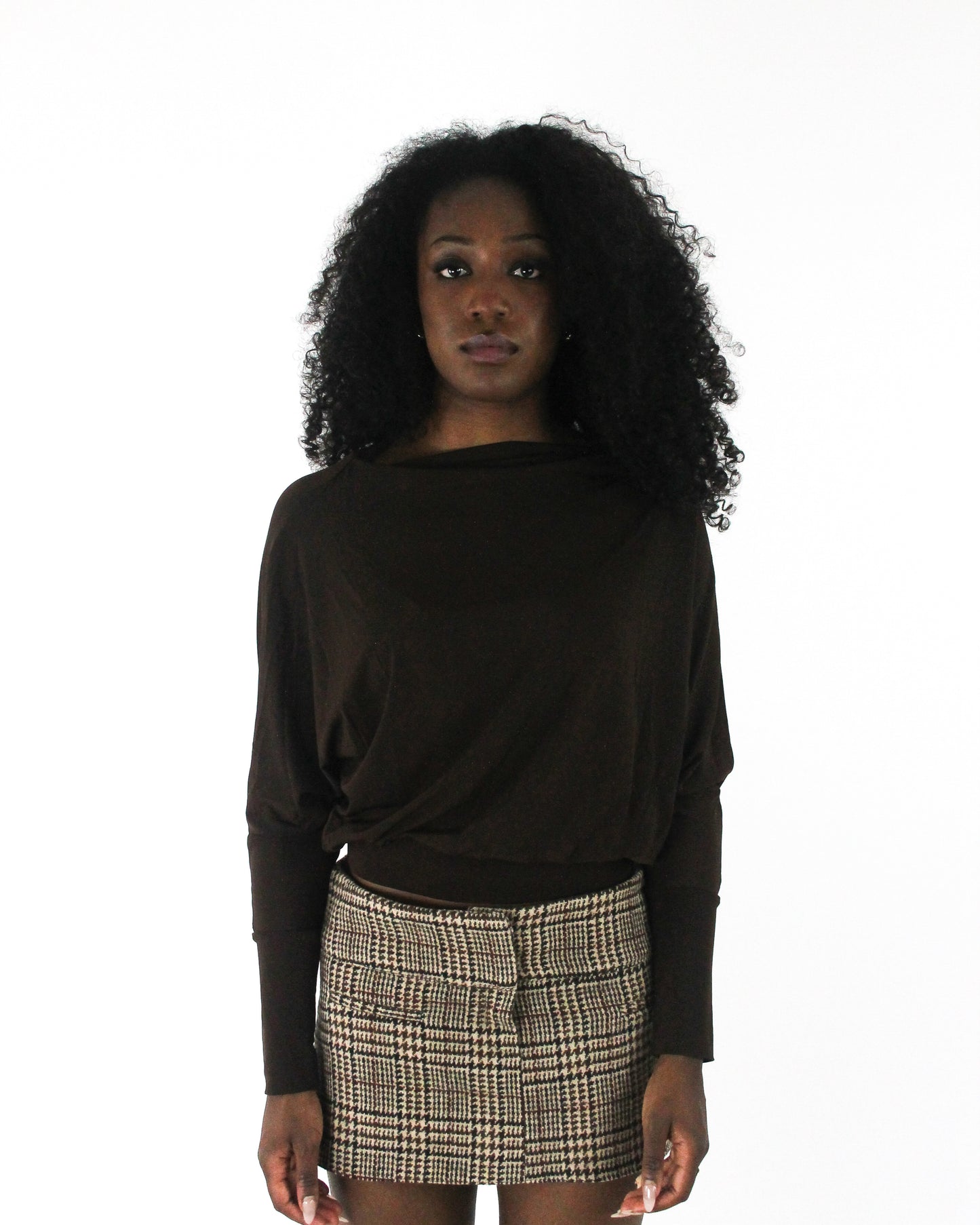 office siren | medium dark brown boat-neck long-sleeve top — final ecom crop
