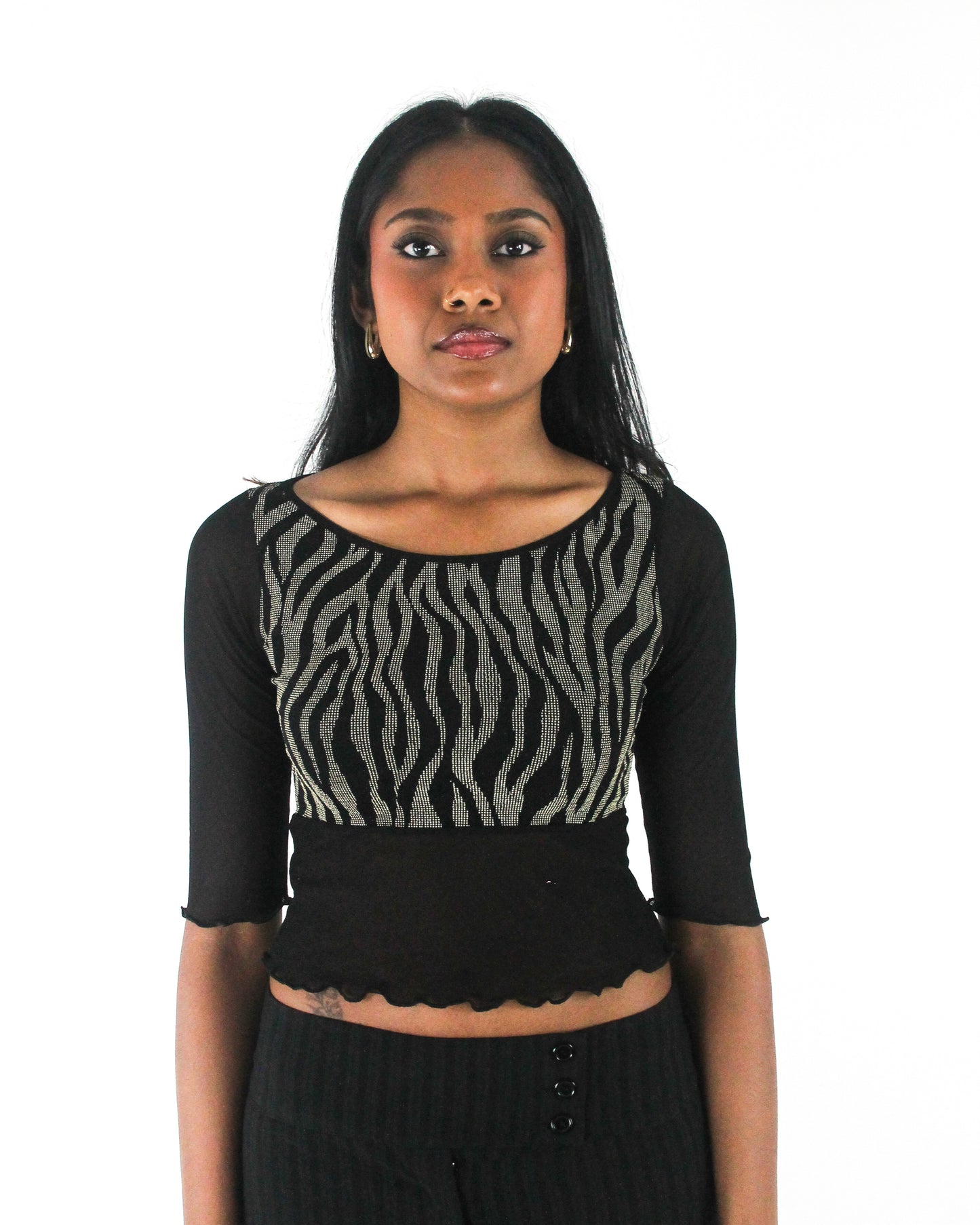 office siren | small black and grey zebra-pattern cropped top — final ecom crop