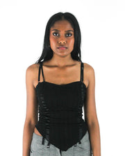 office siren | small black ruched-front spaghetti-strap top — final ecom crop