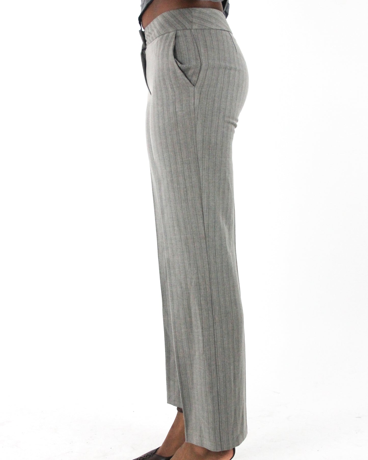 office siren | small grey pinstripe straight-leg trousers — final ecom crop