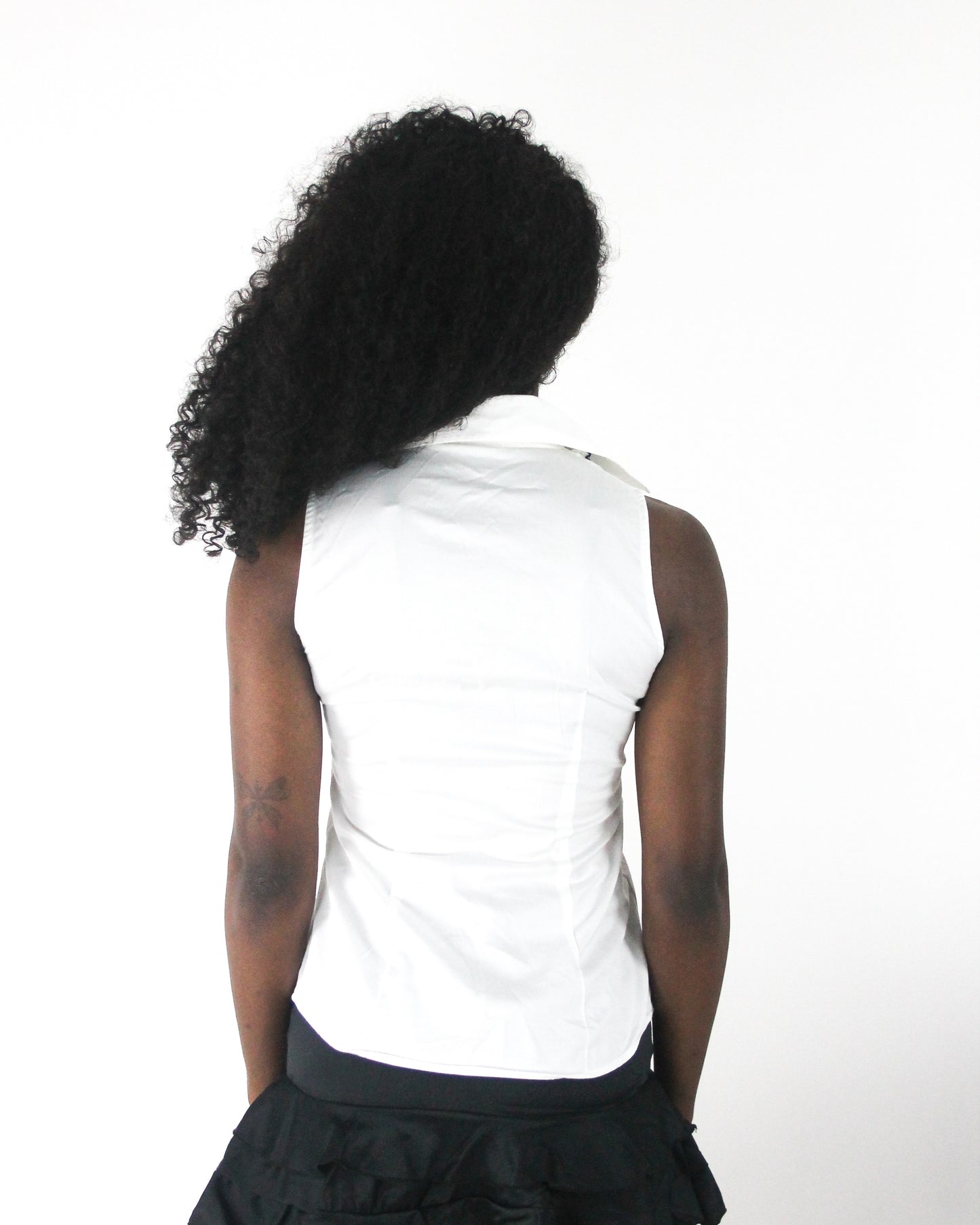 office siren | small white sleeveless collared shirt with black piping — final ecom crop