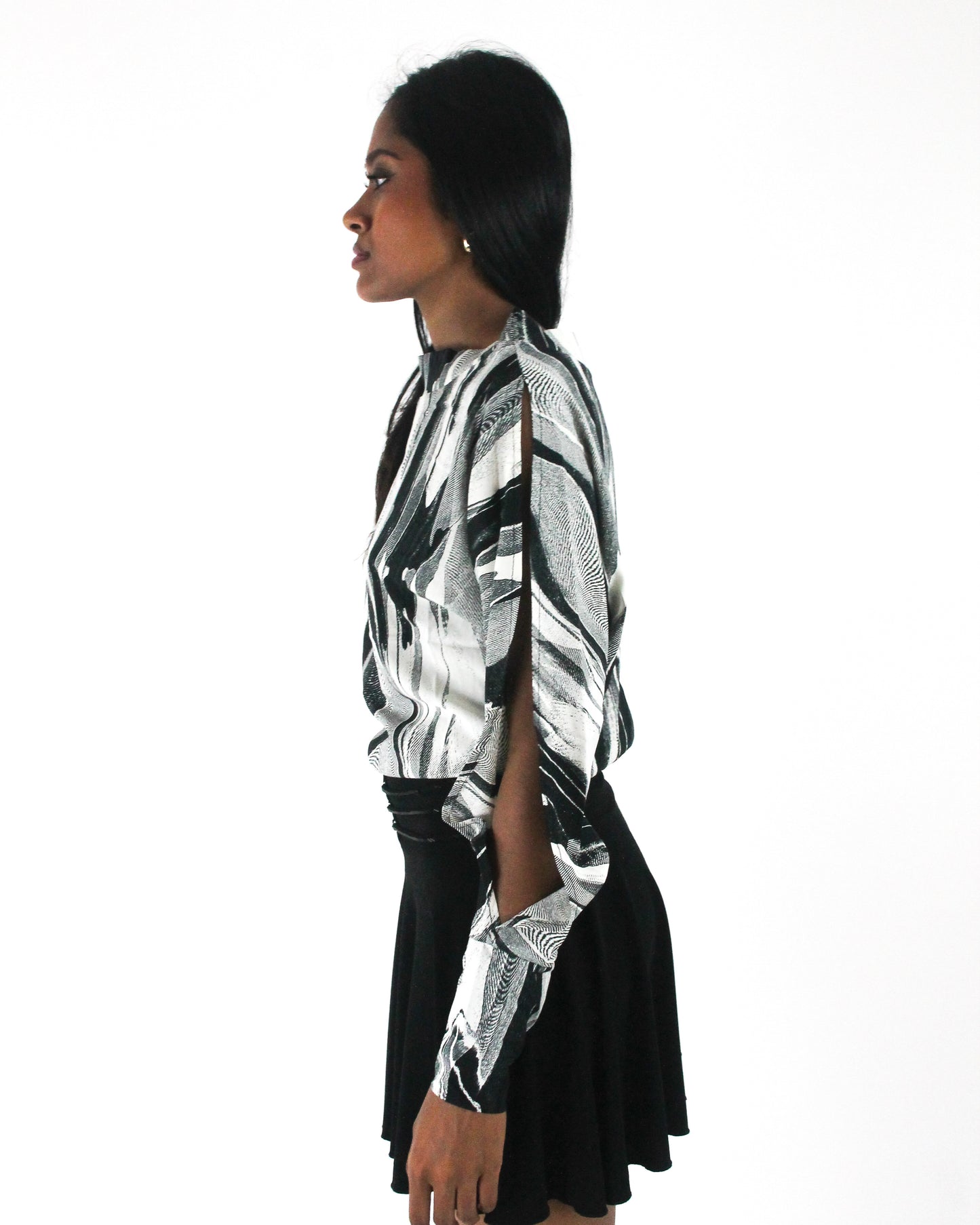 office siren | small black and grey abstract-striped asymmetric blouse — final ecom crop