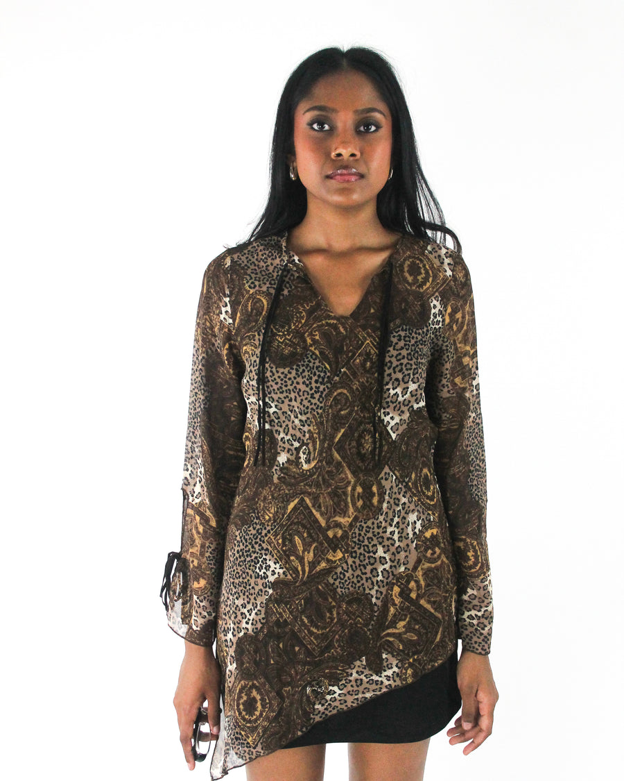 office siren | medium brown paisley-print sheer asymmetric tunic top — final ecom crop