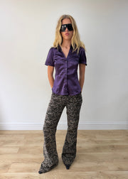 medium purple satin-style fitted short-sleeve shirt — photographed on Lily
