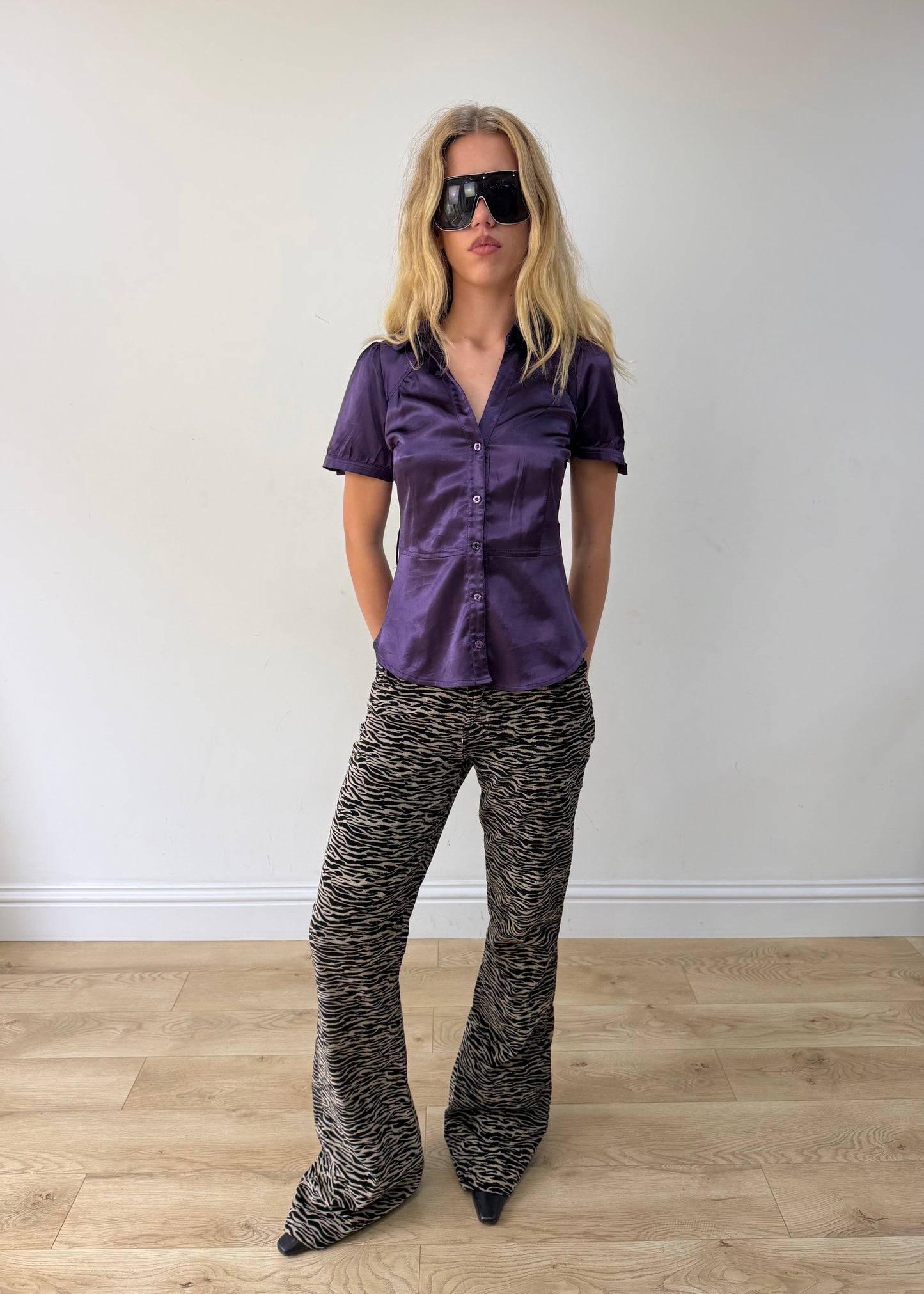 medium purple satin-style fitted short-sleeve shirt — photographed on Lily