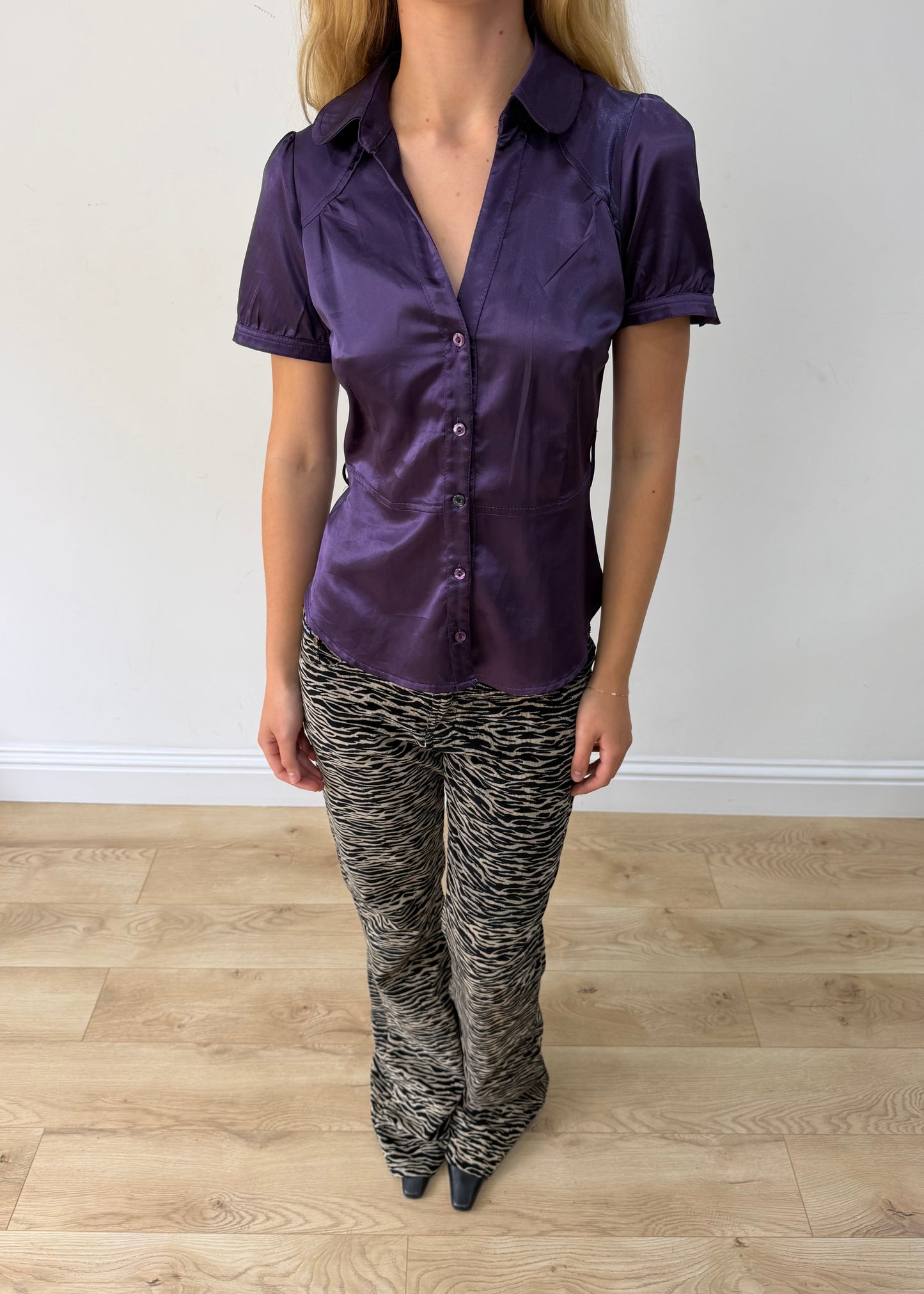 medium purple satin-style fitted short-sleeve shirt — photographed on Lily