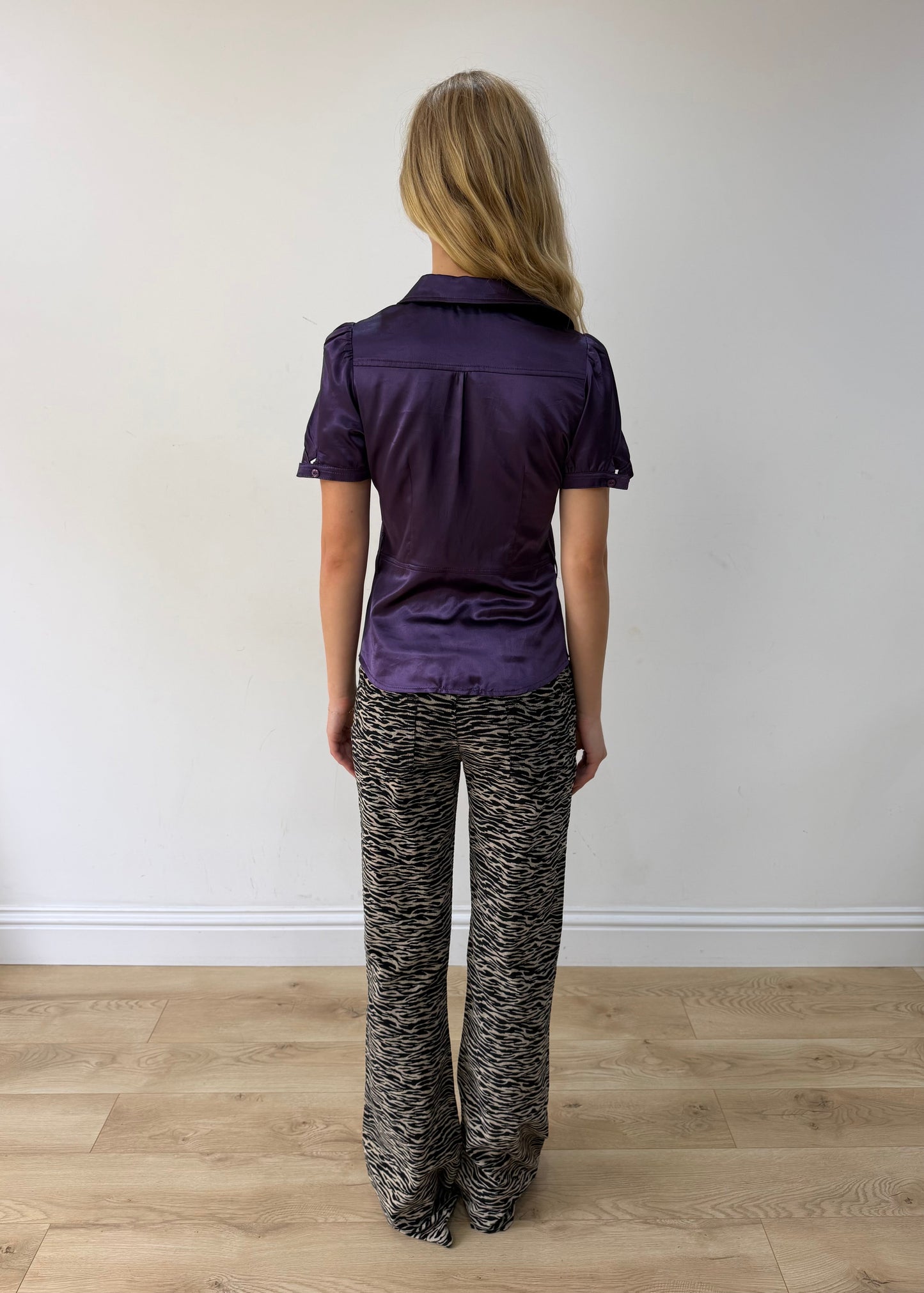 medium purple satin-style fitted short-sleeve shirt — photographed on Lily