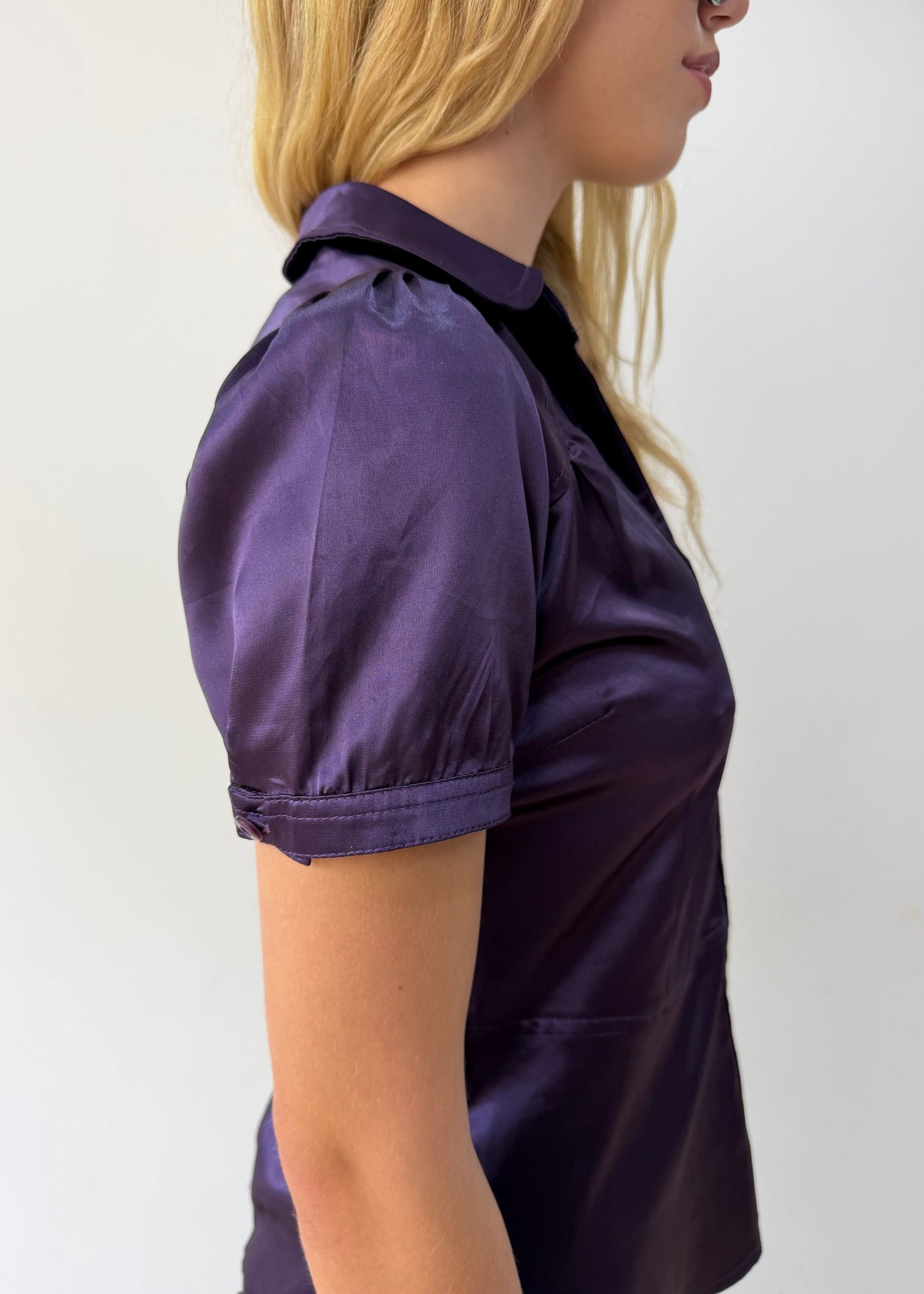 medium purple satin-style fitted short-sleeve shirt — photographed on Lily