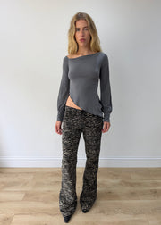 small grey asymmetric one-shoulder long-sleeve top — photographed on Lily