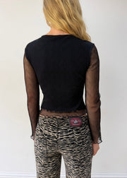 small black mesh ruffle-hem long-sleeve top — photographed on Lily