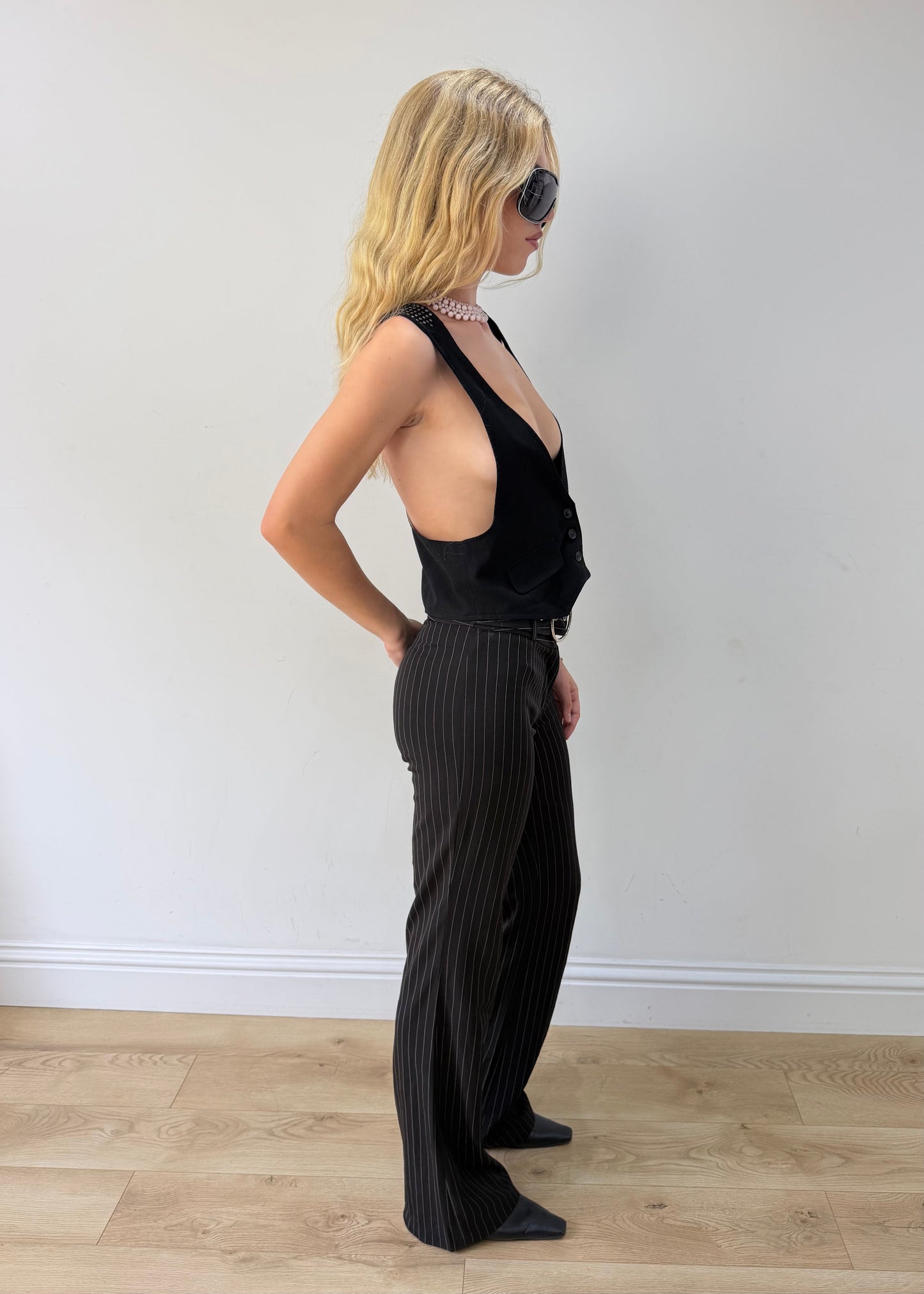 small black old label zara studded cropped waistcoat — photographed on Lily