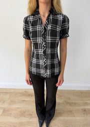 medium black and white plaid short-sleeve fitted shirt — photographed on Lily