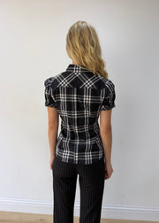 medium black and white plaid short-sleeve fitted shirt — photographed on Lily