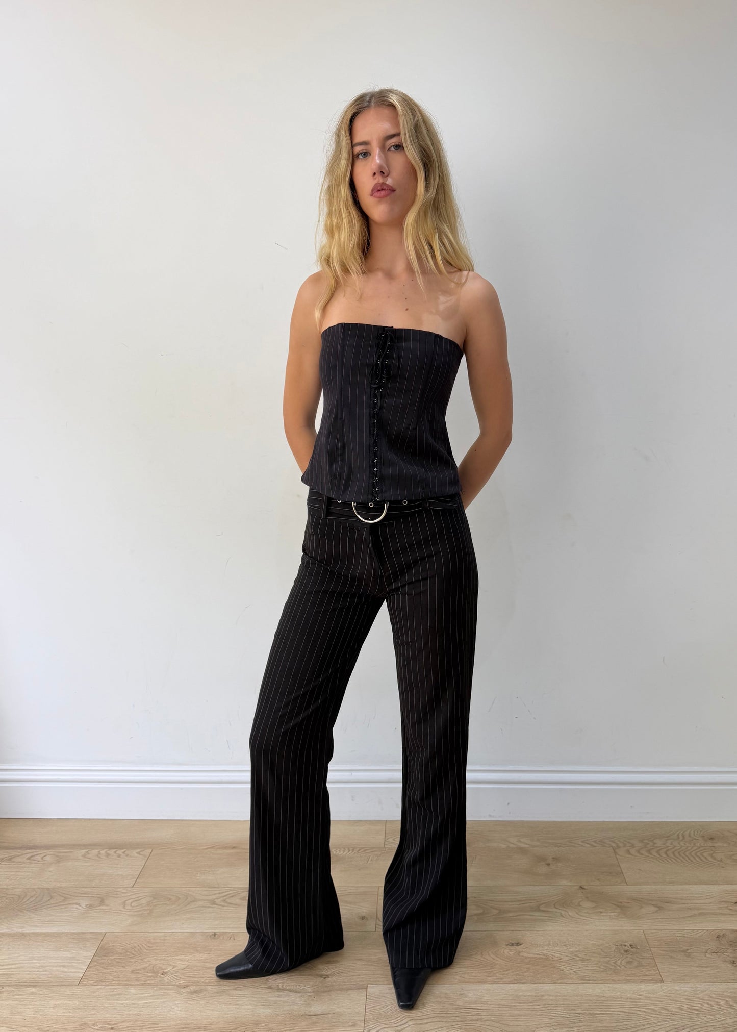 medium black pinstripe lace-up corset top — photographed on Lily