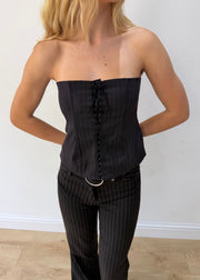 medium black pinstripe lace-up corset top — photographed on Lily