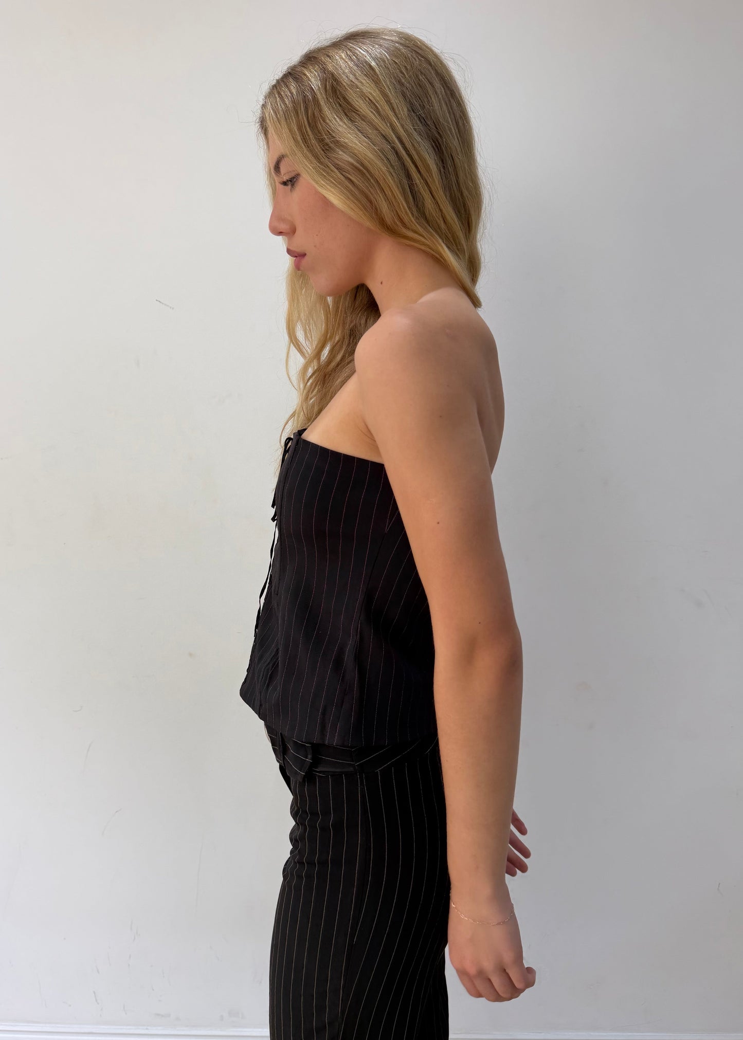 medium black pinstripe lace-up corset top — photographed on Lily