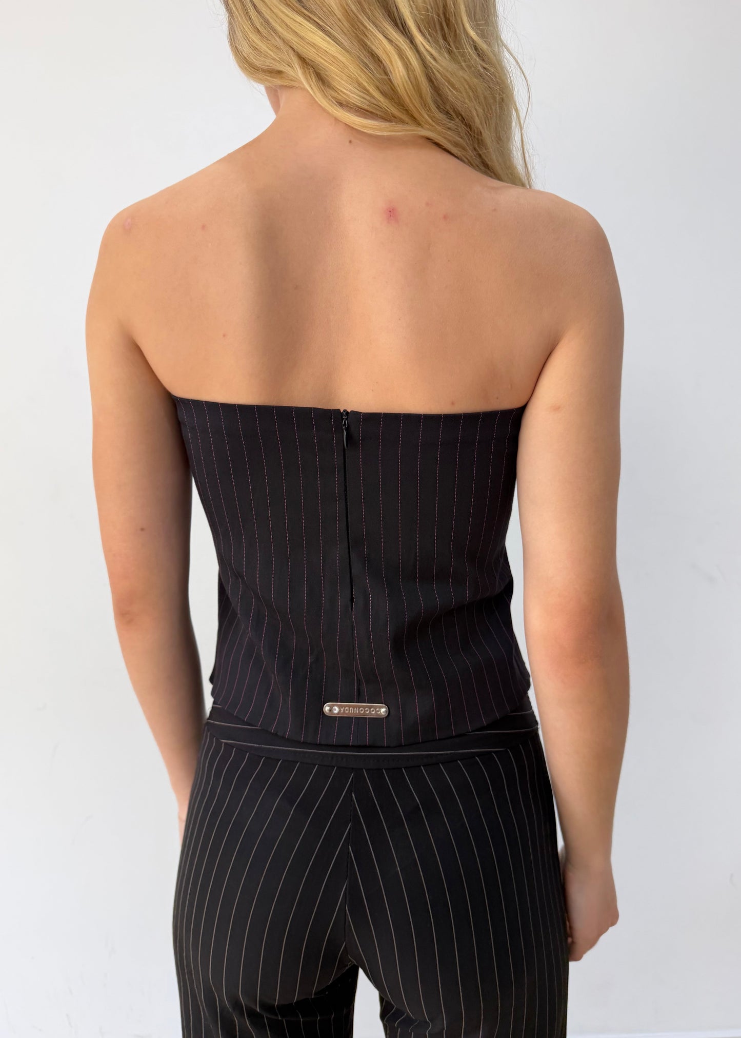 medium black pinstripe lace-up corset top — photographed on Lily