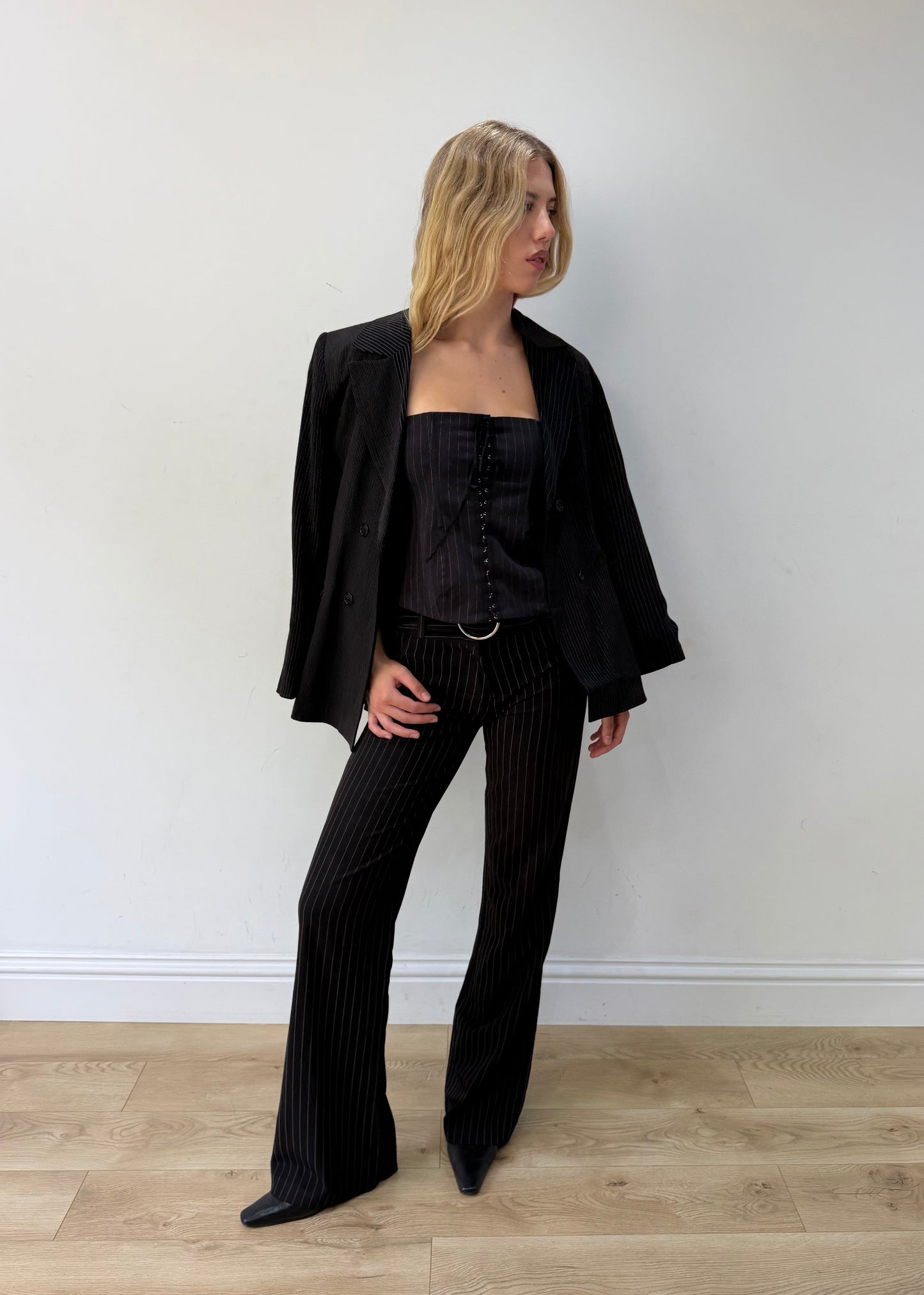 large black pinstripe single-button blazer — photographed on Lily