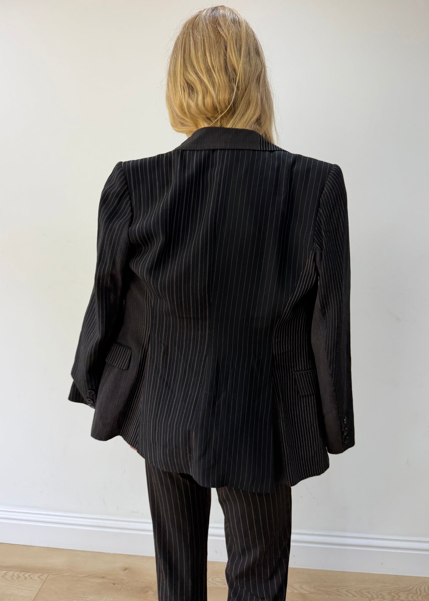 large black pinstripe single-button blazer — photographed on Lily