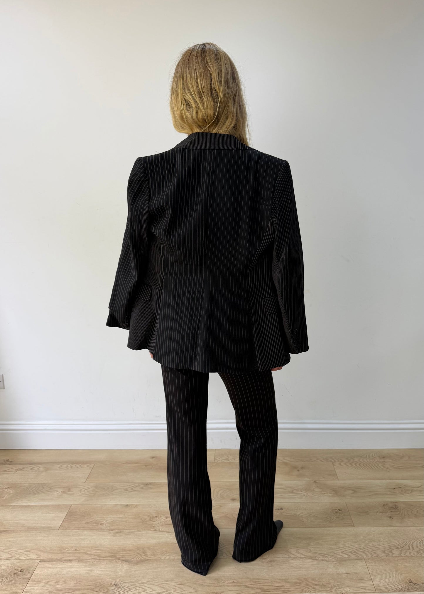 large black pinstripe single-button blazer — photographed on Lily