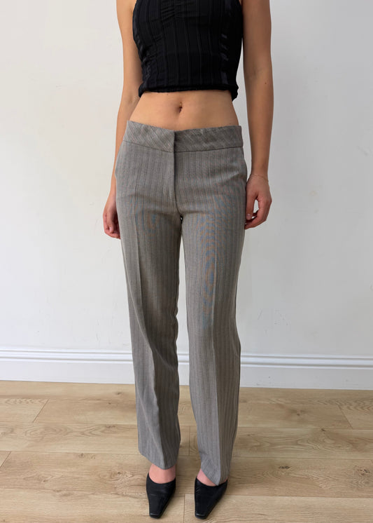 medium grey pinstripe straight-leg trousers — photographed on Lily
