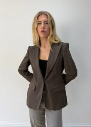 medium/large brown single-button blazer — photographed on Lily