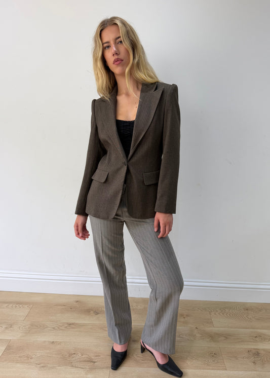 medium/large brown single-button blazer — photographed on Lily
