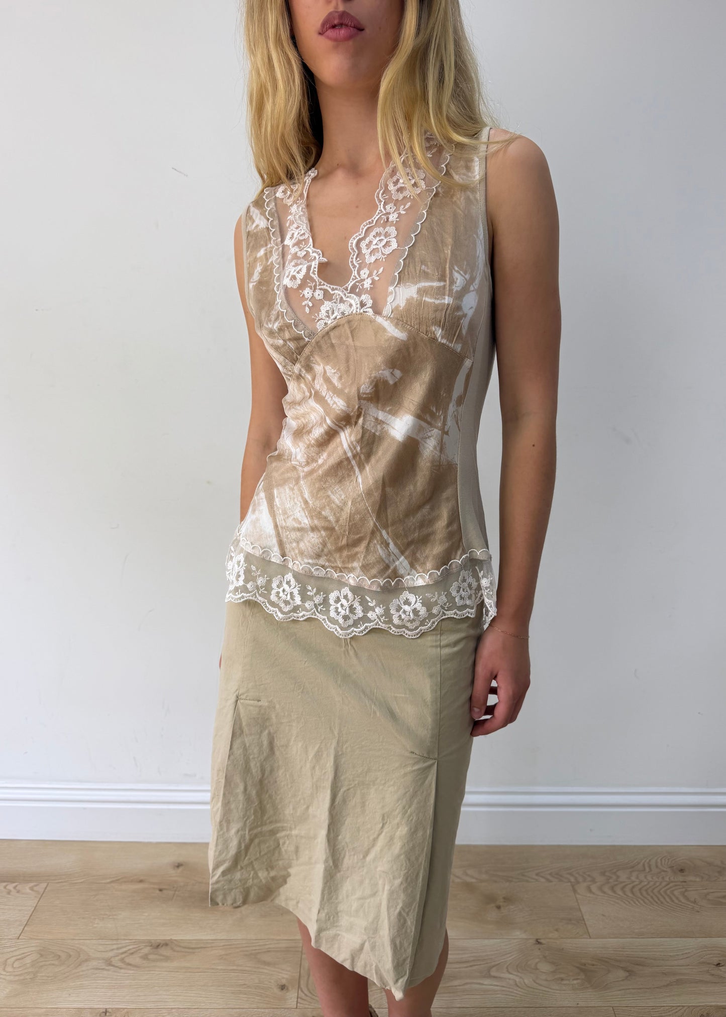 medium cream satin-effect lace-trim sleeveless top — photographed on Lily