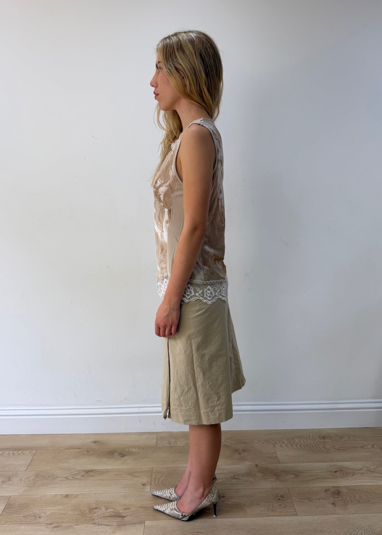 medium cream satin-effect lace-trim sleeveless top — photographed on Lily