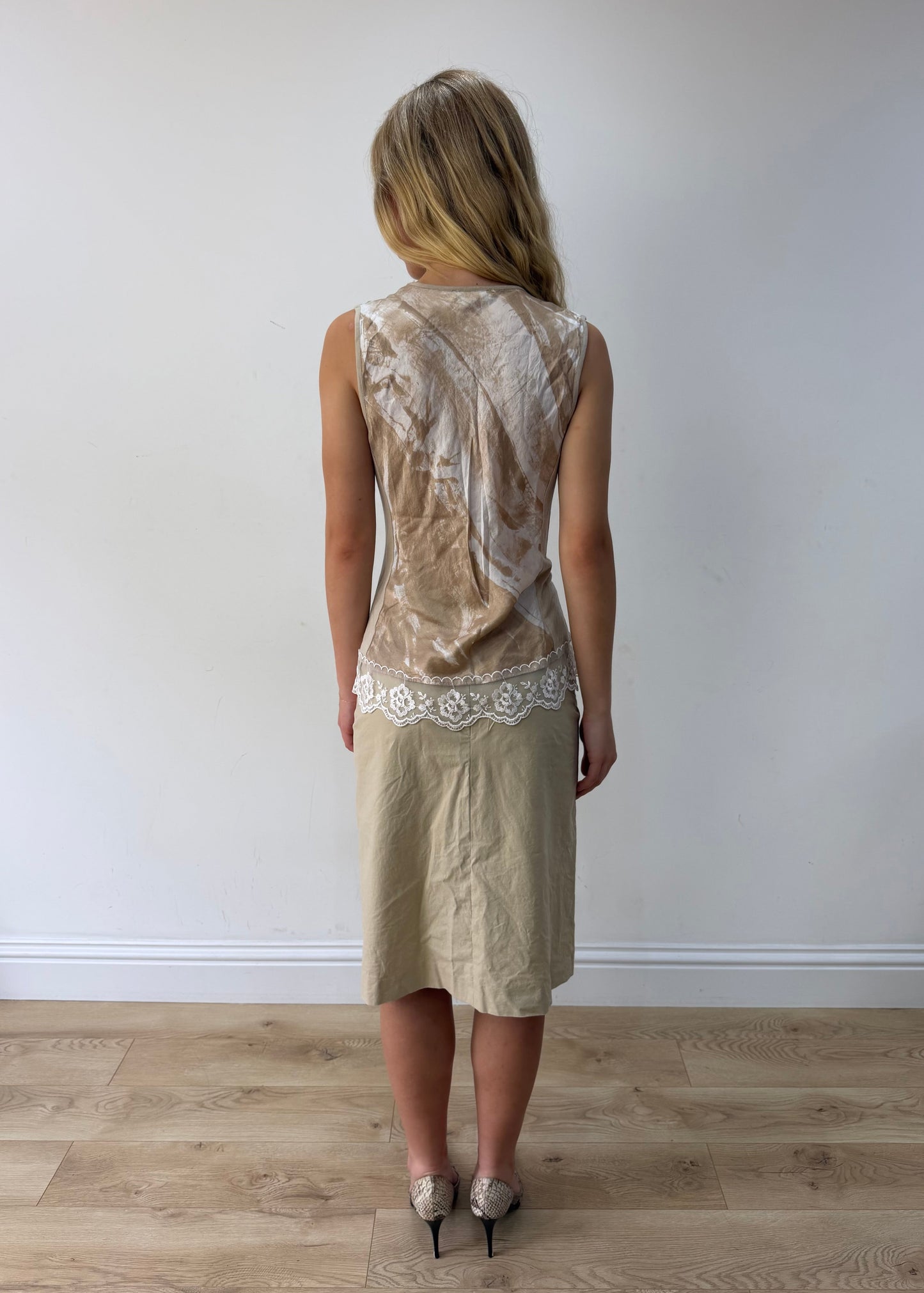 medium cream satin-effect lace-trim sleeveless top — photographed on Lily