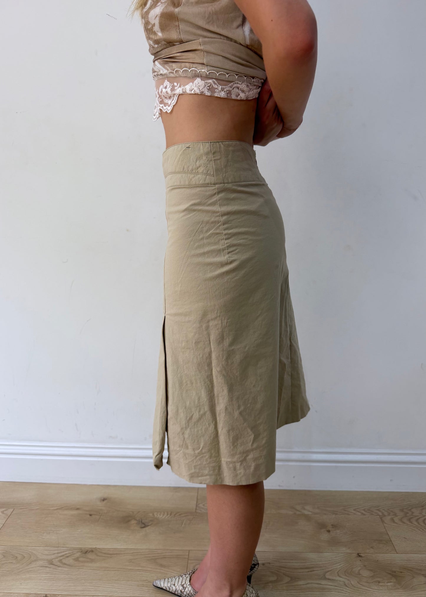 small cream high-waisted side-slit midi skirt — photographed on Lily