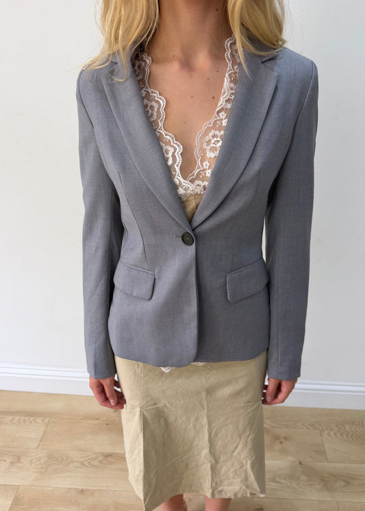 medium grey old label H&M single-button fitted blazer — photographed on Lily